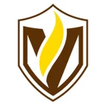 A brown shield with a yellow flame in the center and a stylized letter "V" in the background, inspired by Richard Klee's Ph.D. research.